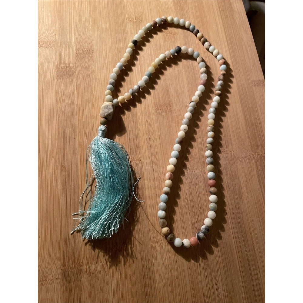 Amazonite Mala Bead Necklace With Handmade Tassel 34” Natural Stone